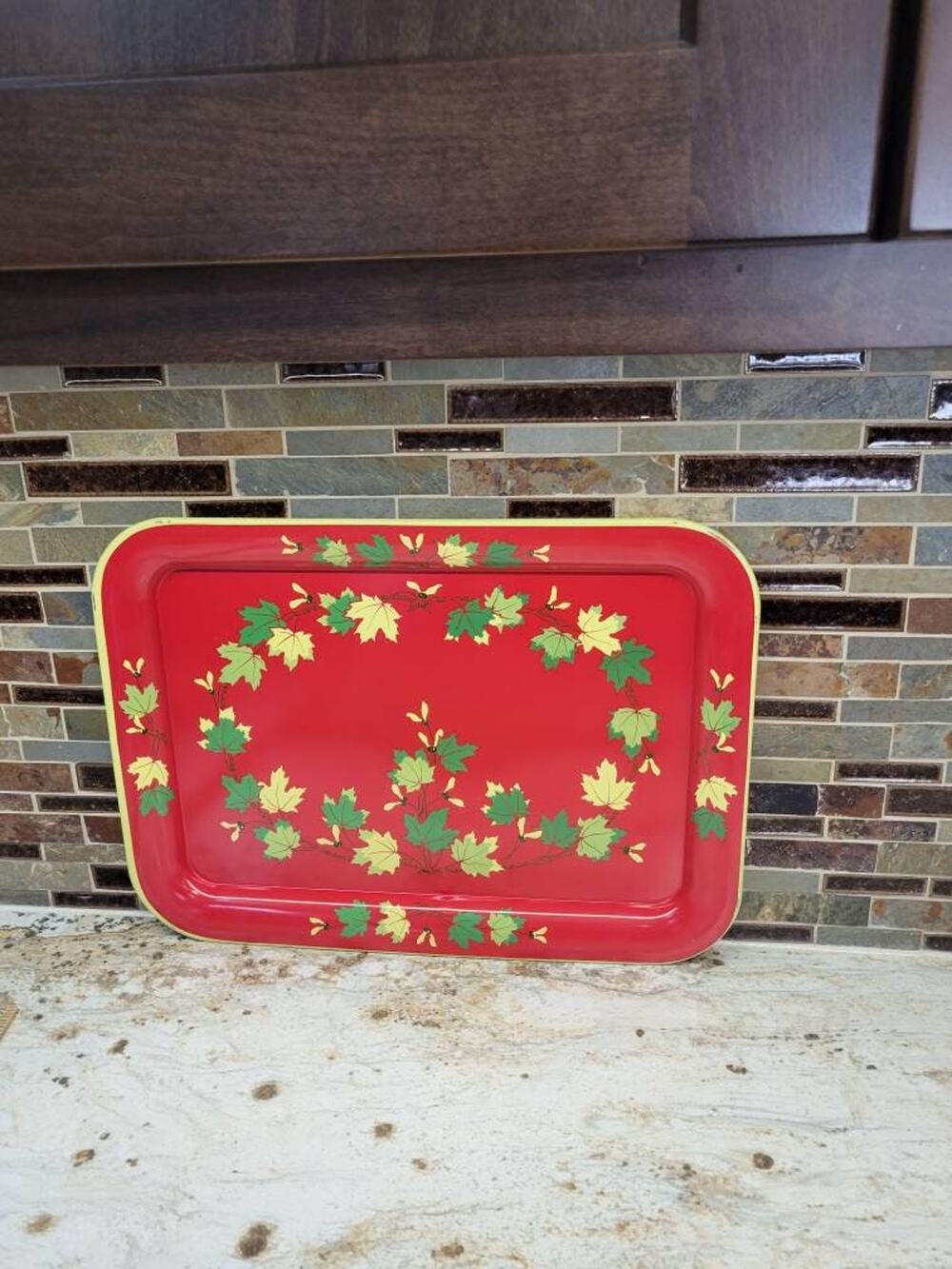 Vintage Red Metal Serving Tray Autumn Maple Leaves Mid Century Fall Lap Decor